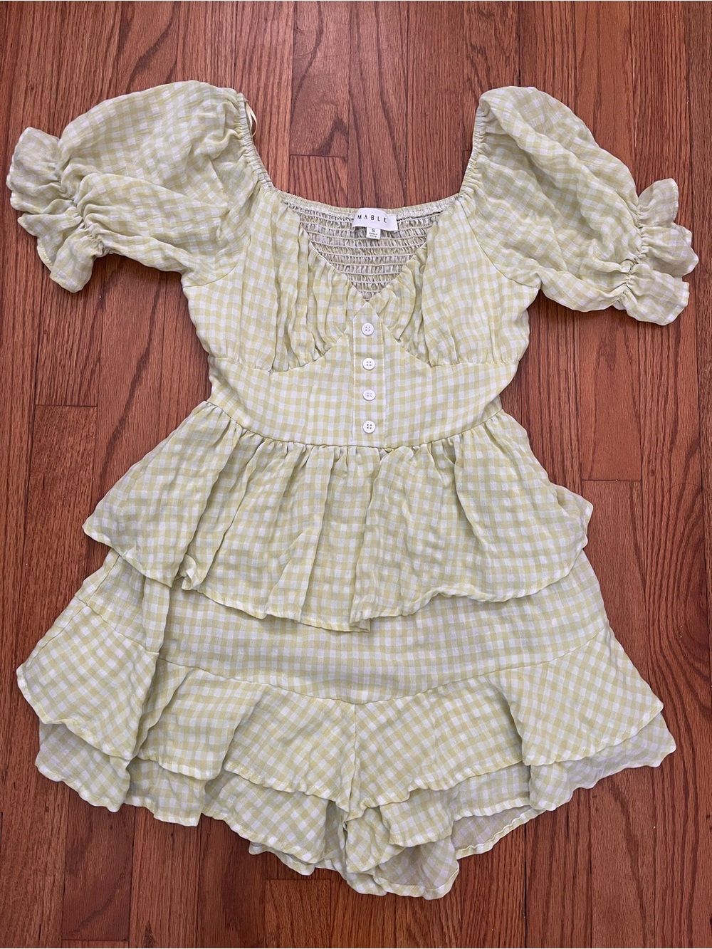 MABLE Lime Gingham Plaid Ruffled Romper - Picture 3 of 7